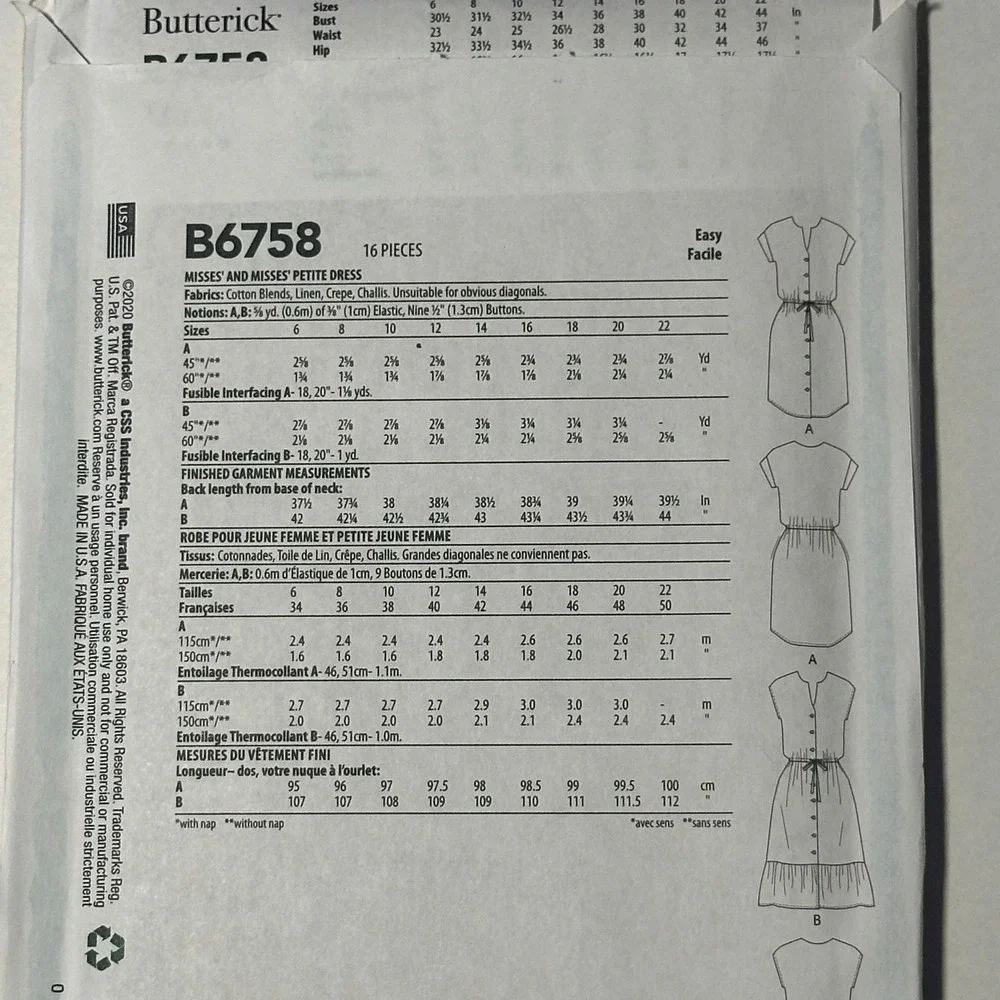 Butterick Sewing Pattern B6758 Misses Petite Dress Women E5 14-22 Uncut 2020